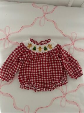 Red Gingham Baby Romper with Holiday Smocked Collar